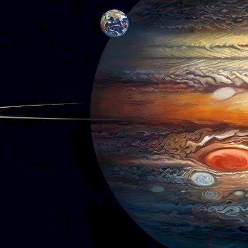 The image depicts a stylized view of Jupiter with its Great Red Spot, a small Earth, and dark space in the background.