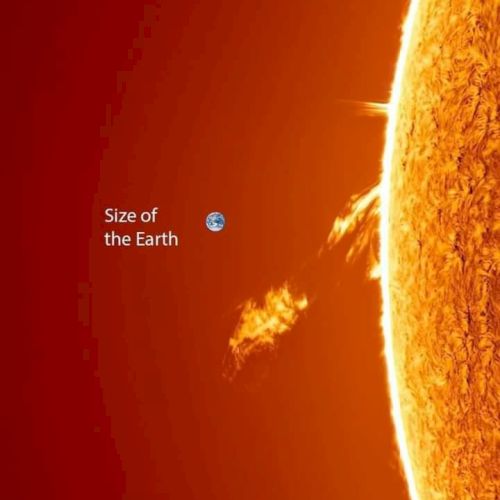 An image comparing the size of Earth to the Sun, showing Earth as tiny next to the Sun with a solar prominence visible.
