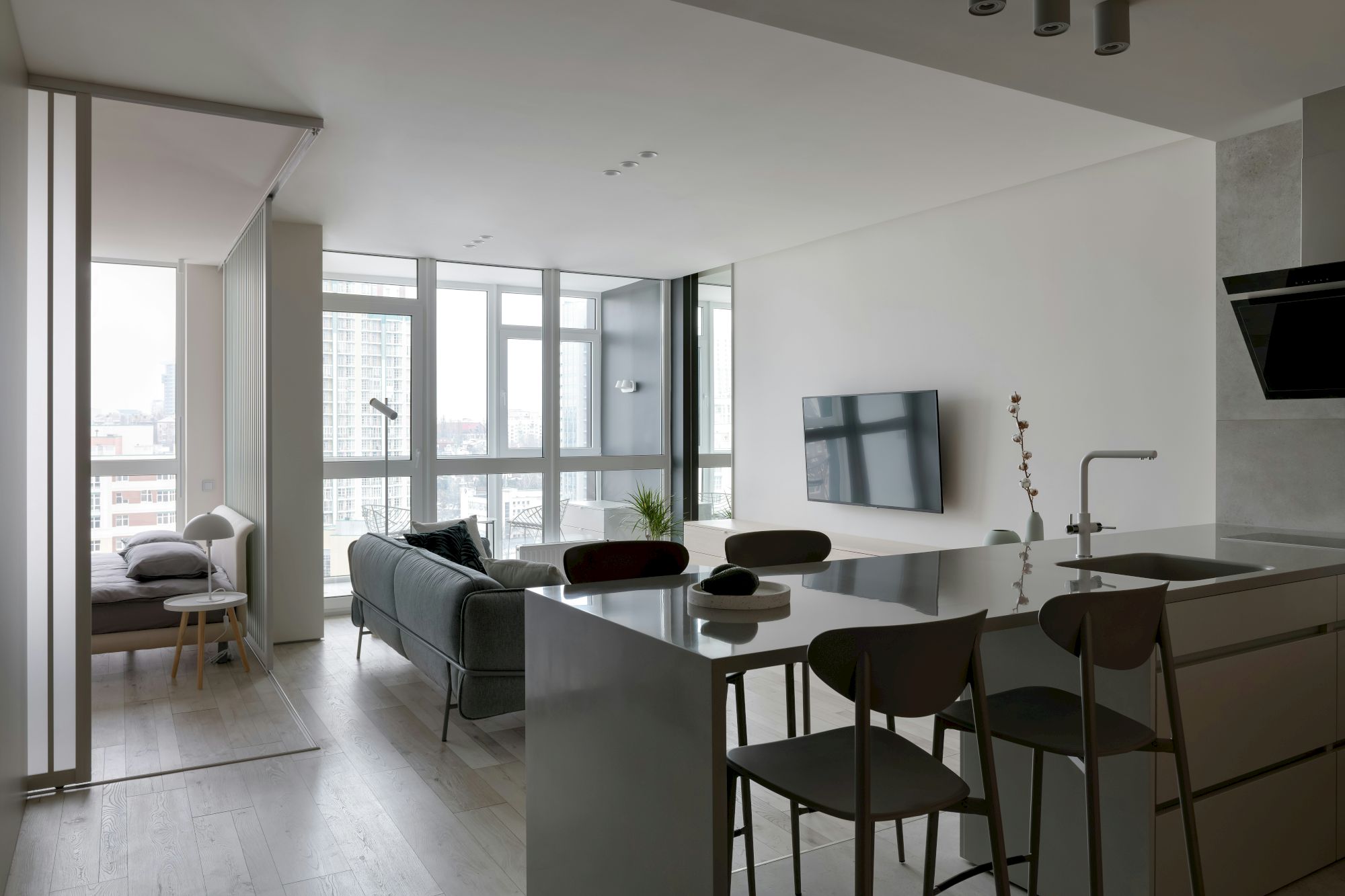 A modern open-concept apartment with a kitchen, living area, and large windows, featuring sleek furnishings and a minimalistic design.