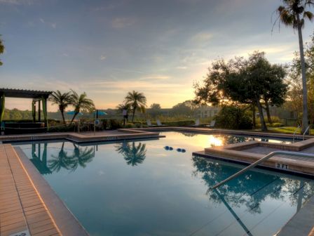A serene swimming pool reflecting the evening sky, surrounded by palm trees and greenery, with lounge chairs visible.