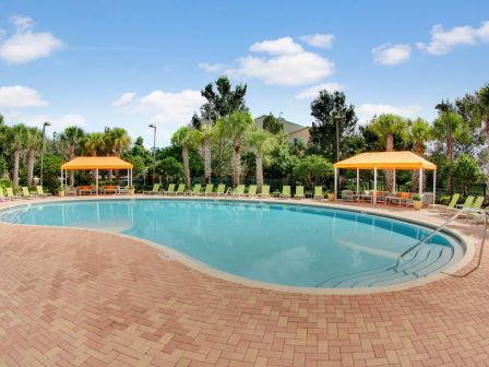 A round swimming pool is surrounded by palm trees and green lounge chairs, with orange canopies providing shade.